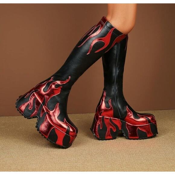women’s side zipper high heeled Ref Flames printing thick sole boots high Sz6 - Picture 1 of 10